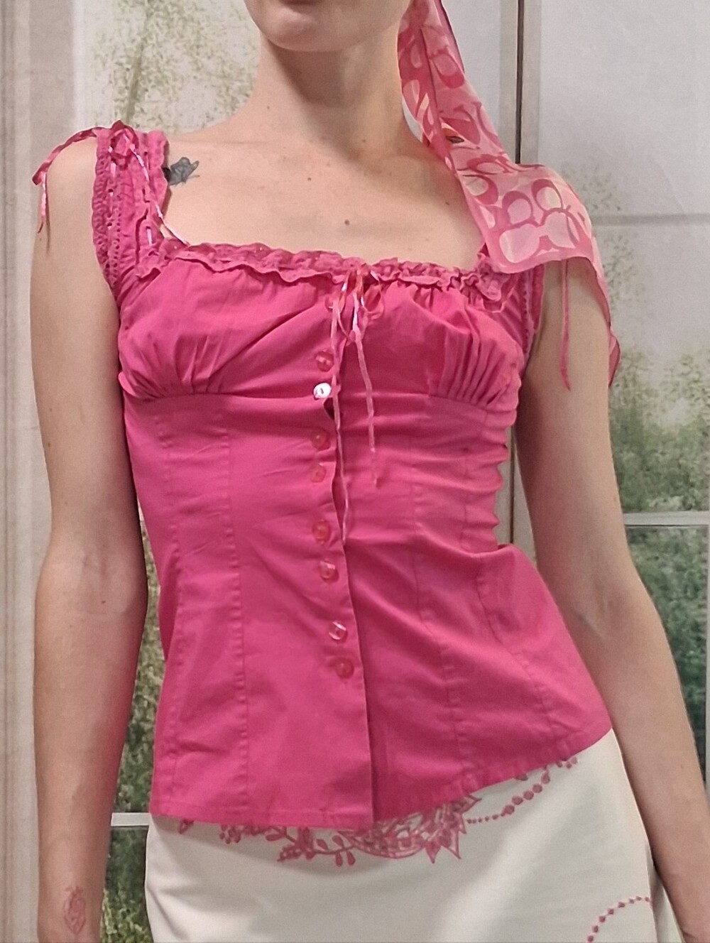 Vintage Y2K Guess Hot Pink Milkmaid Corset Top Eyelet Ribbon Lace - Size